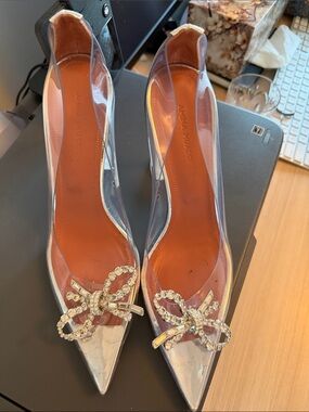 Amina Muaddi Clear PVC Pointed Toe Pumps with Crystal Bow - Silver